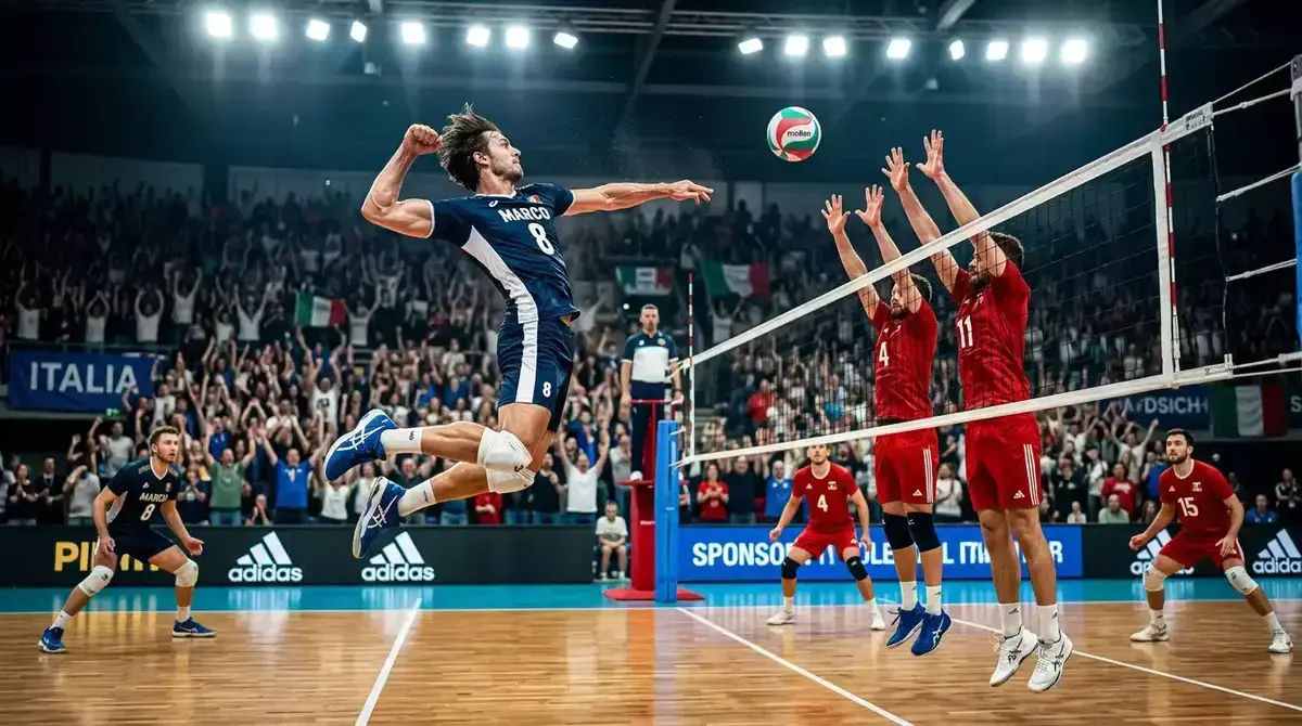 Azione di gioco durante una partita della SuperLega di pallavolo maschile italiana
