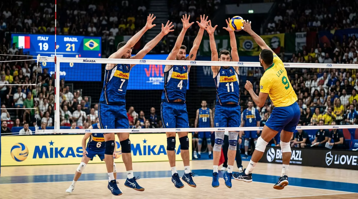 Muro difensivo a tre giocatori durante una partita di SuperLega di pallavolo maschile