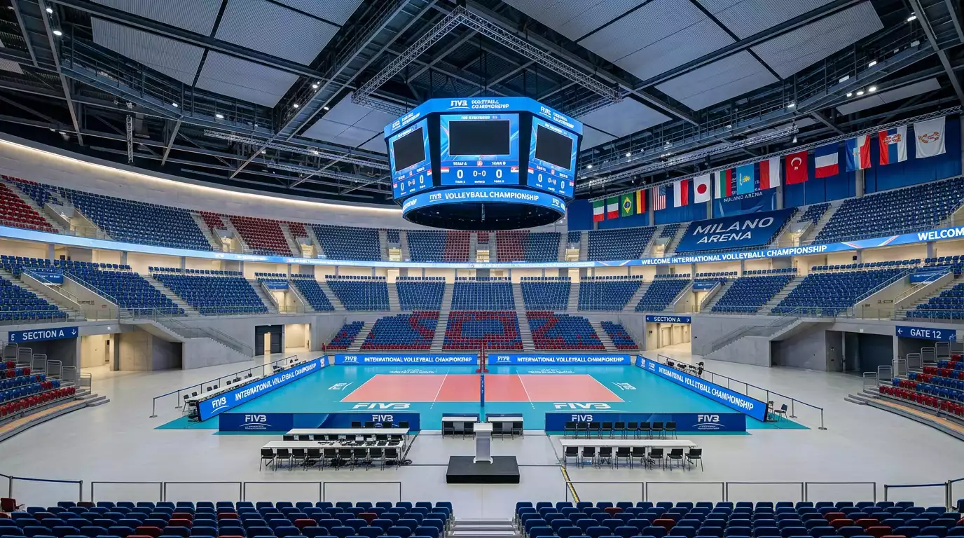 Arena sportiva moderna di Torino preparata per una partita di pallavolo internazionale