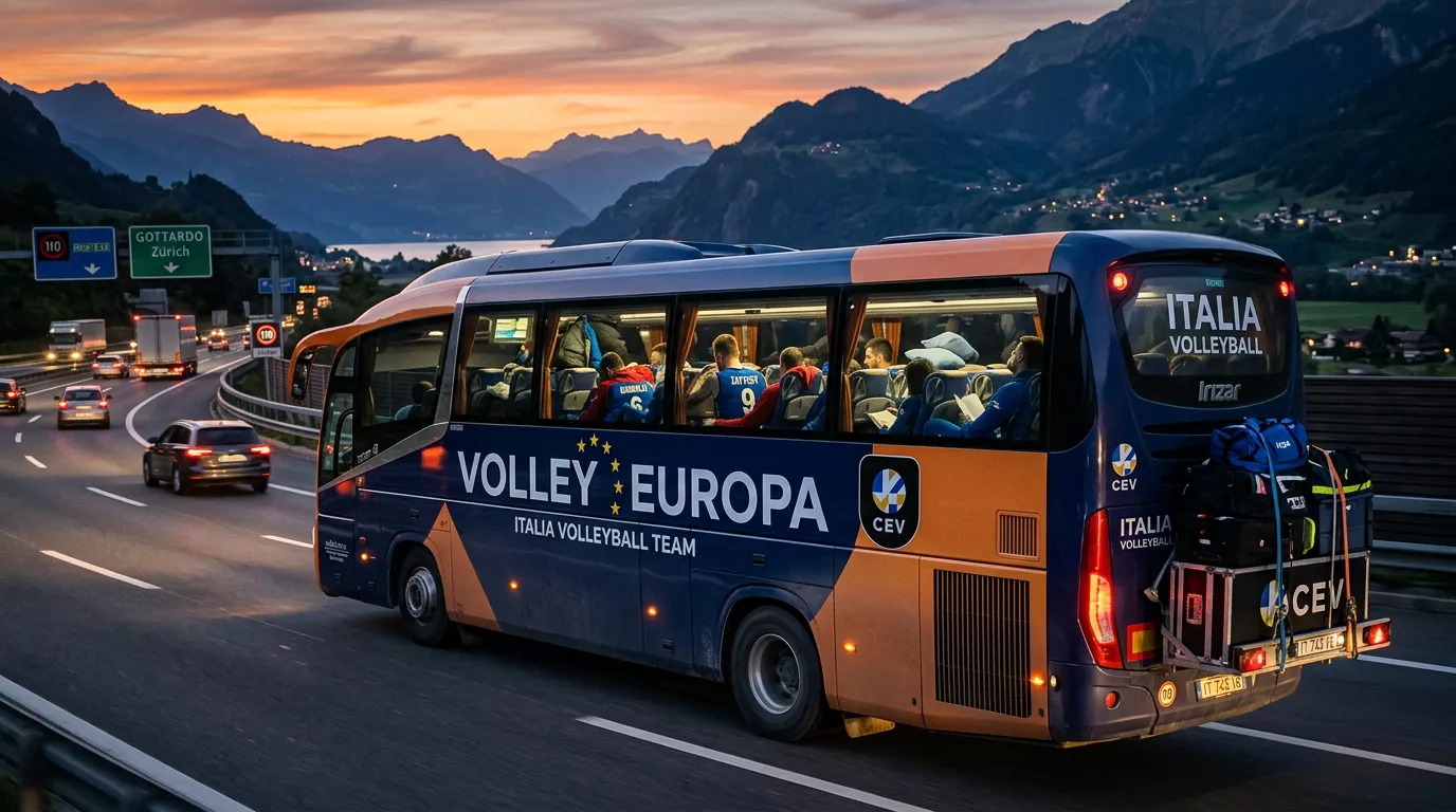 Squadra di pallavolo in viaggio verso una trasferta europea di Champions League