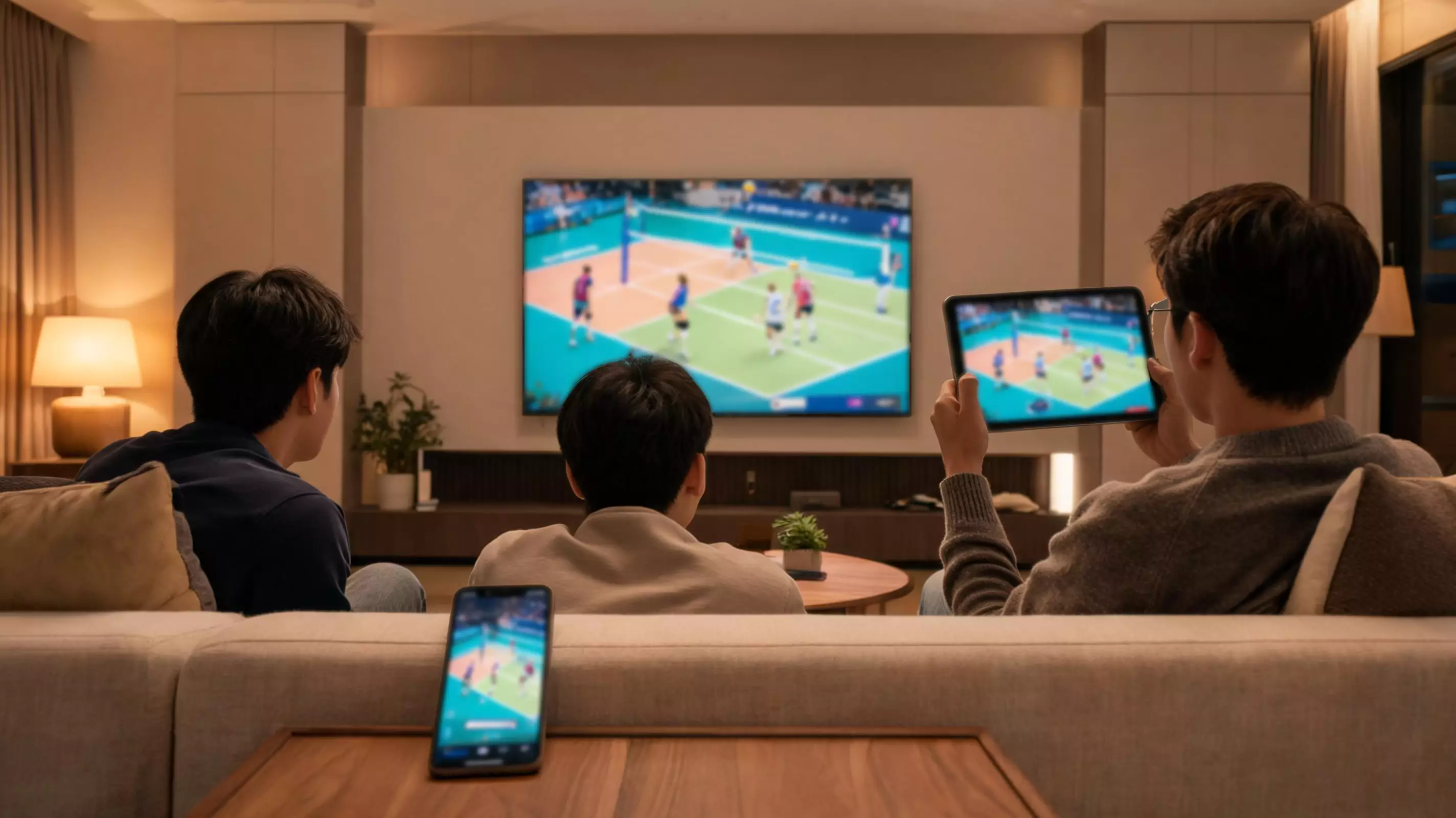 Tifosi guardano una partita di pallavolo in diretta streaming su diversi dispositivi