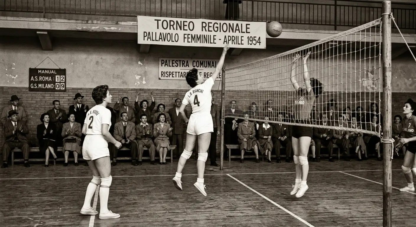 Partita storica di pallavolo in una palestra italiana degli anni Cinquanta