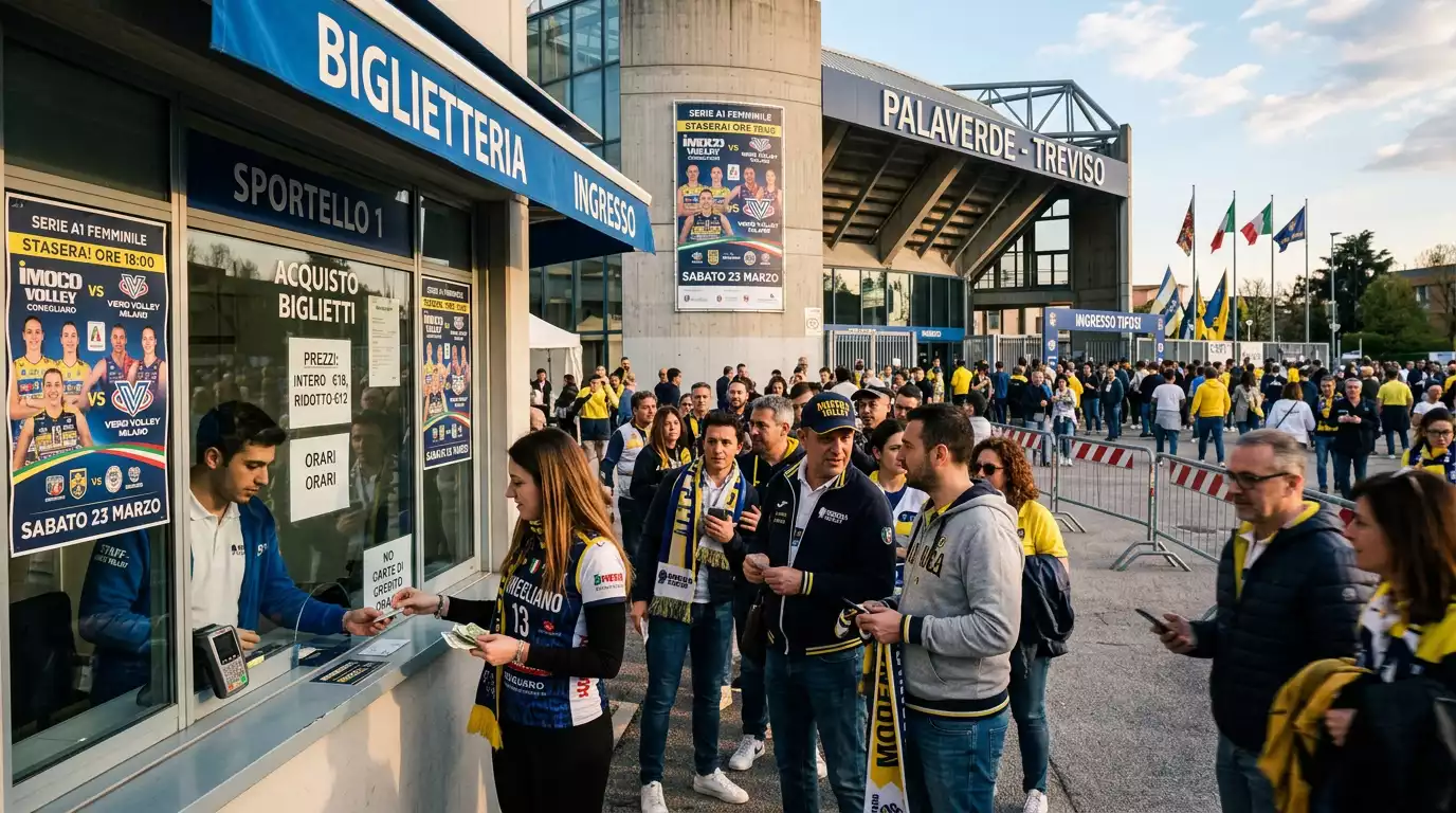 Ingresso del palazzetto con tifosi che acquistano biglietti alla biglietteria
