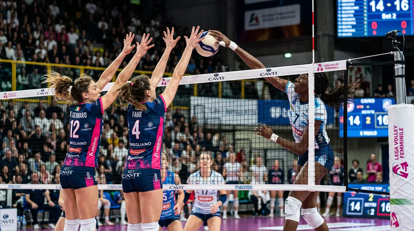 Muro difensivo a rete durante una partita di pallavolo femminile di Serie A1
