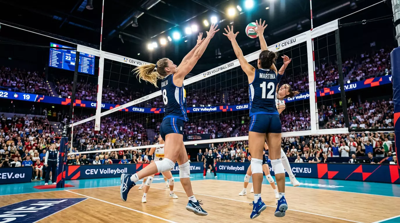 Tecnica di muro a rete durante una partita di pallavolo femminile