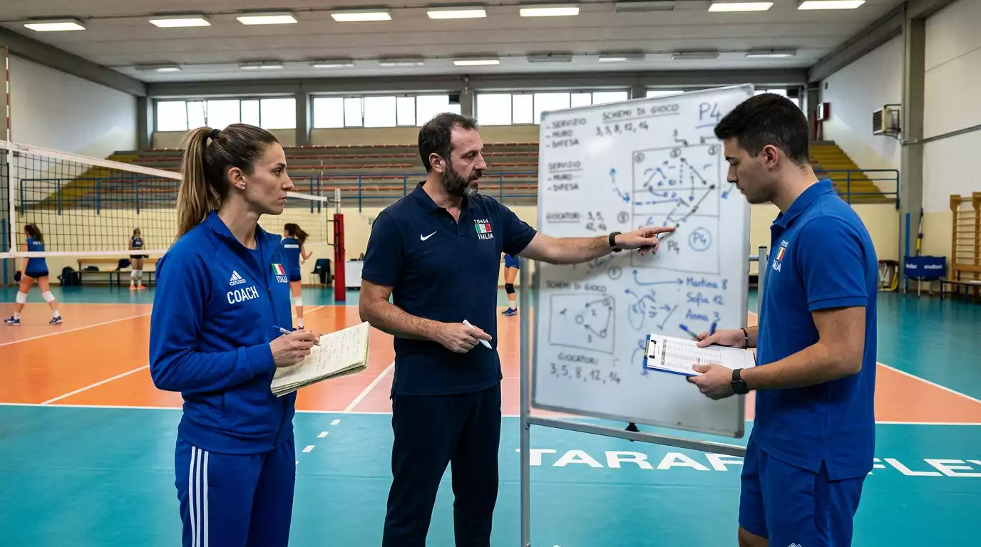 Staff tecnico di una squadra di volley che analizza tattiche di mercato