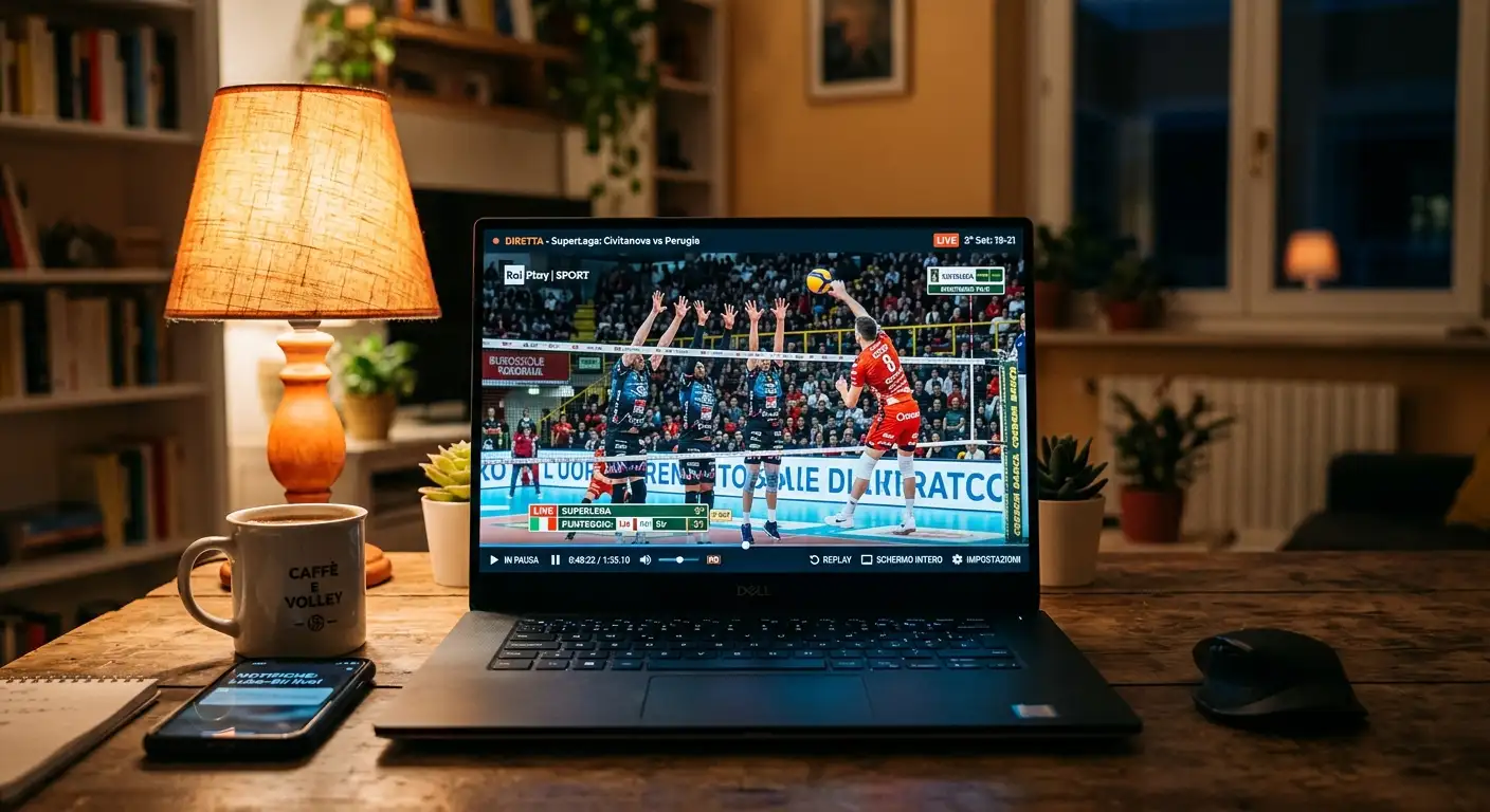 Schermo che mostra una partita di pallavolo Serie A in streaming digitale