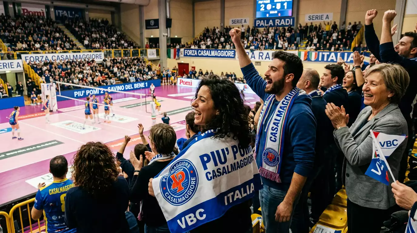 Tifosi di pallavolo esultano sugli spalti di un palazzetto di Serie A