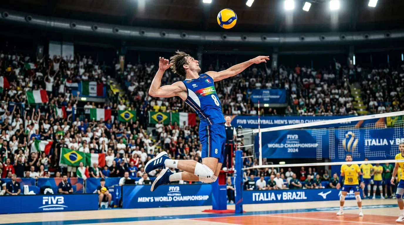 Giocatore della nazionale di pallavolo in battuta durante un torneo