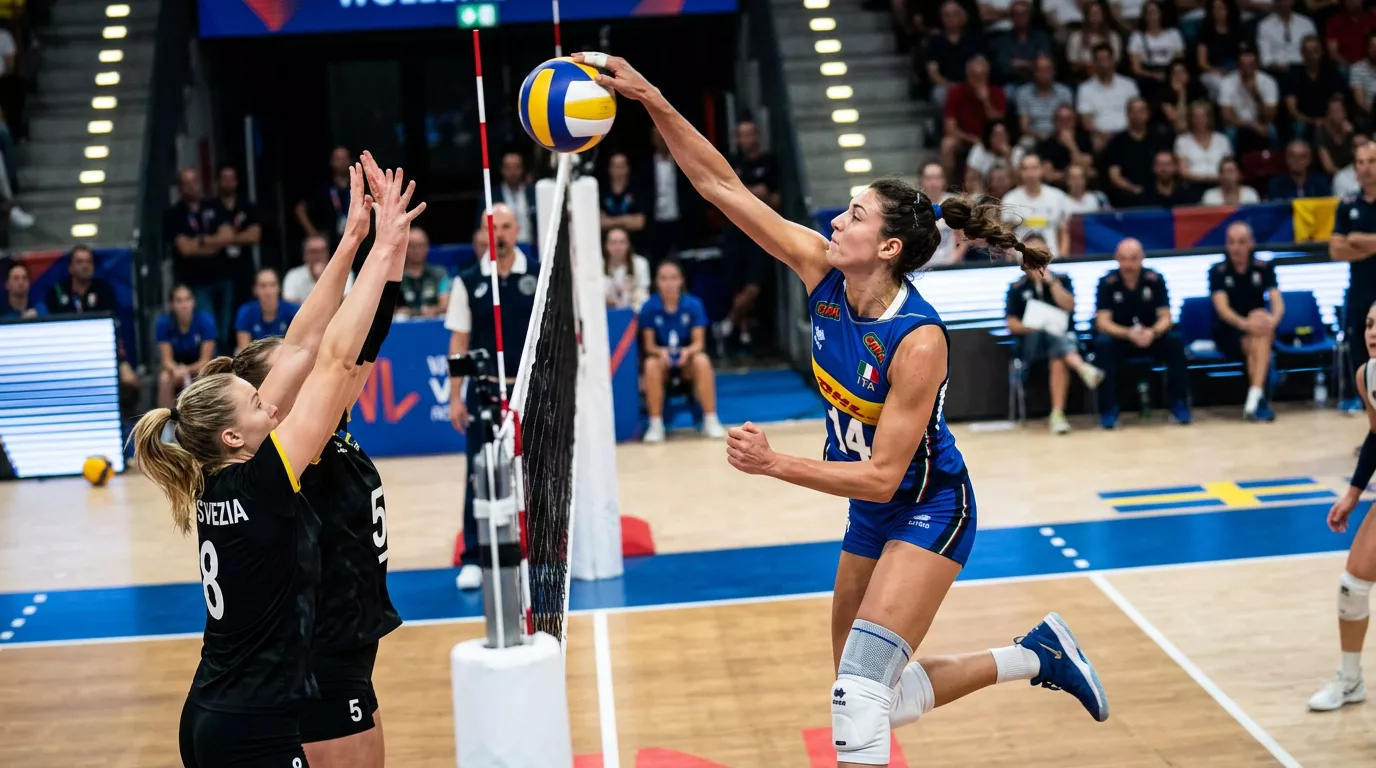 Attacco potente di una giocatrice opposta di pallavolo a rete