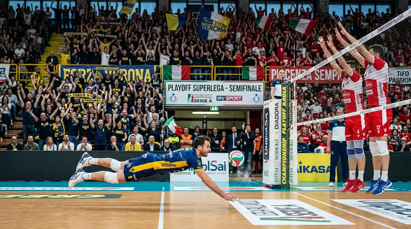 Partita intensa dei playoff di pallavolo Serie A con pubblico carico