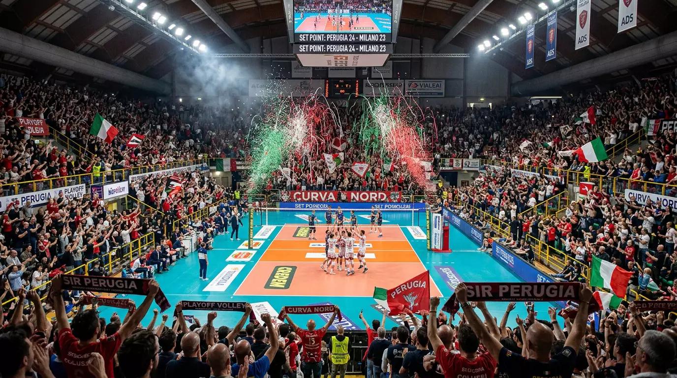 Palazzetto gremito di tifosi durante una partita dei playoff di pallavolo Serie A