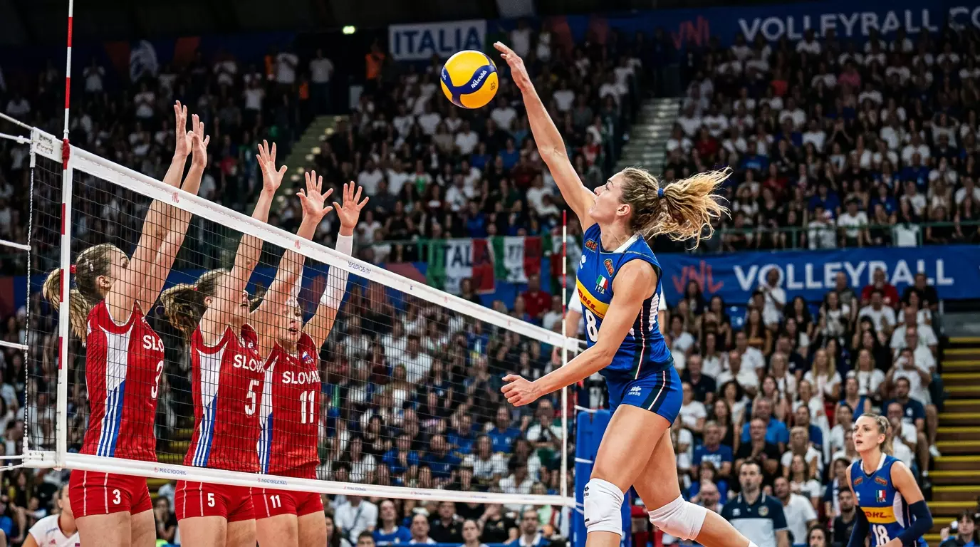 Attacco potente di una opposta durante una partita di Serie A1