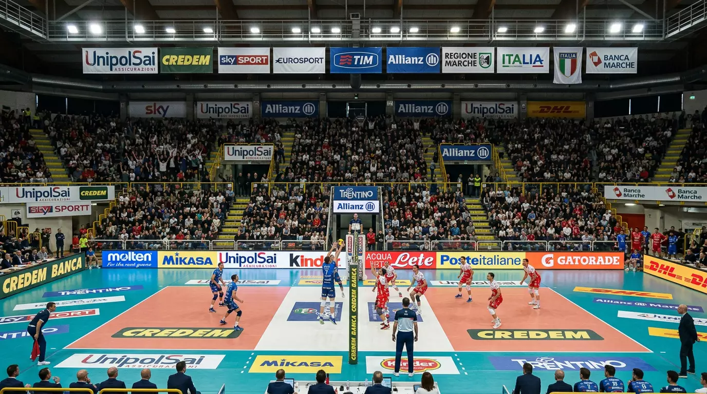 Palazzetto di pallavolo con sponsor e cartelloni pubblicitari visibili durante una partita di Serie A