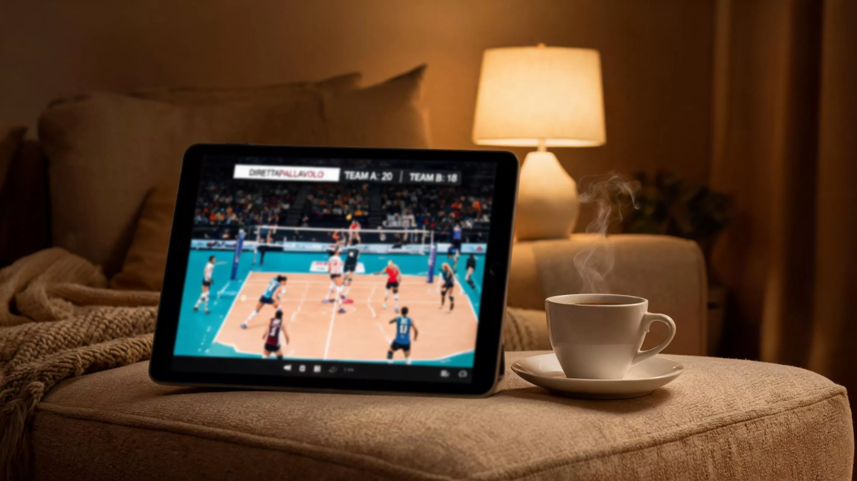 Partita di pallavolo in streaming su tablet in un ambiente domestico