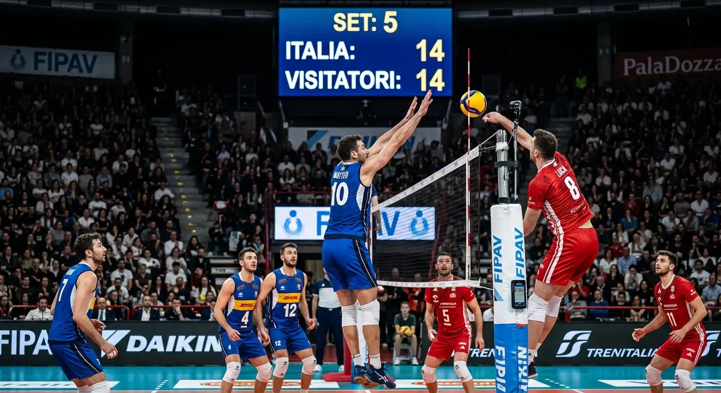 Momento decisivo del tie-break al quinto set di una partita di pallavolo