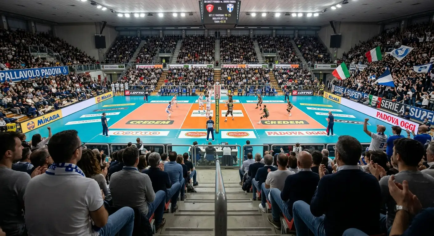 Vista dalla tribuna centrale durante una partita di pallavolo Serie A