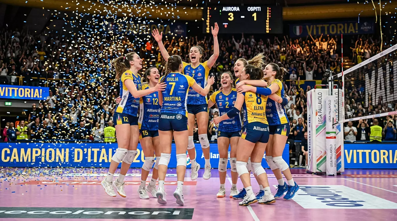 Squadra di pallavolo femminile festeggia una vittoria abbracciandosi sul campo di gioco